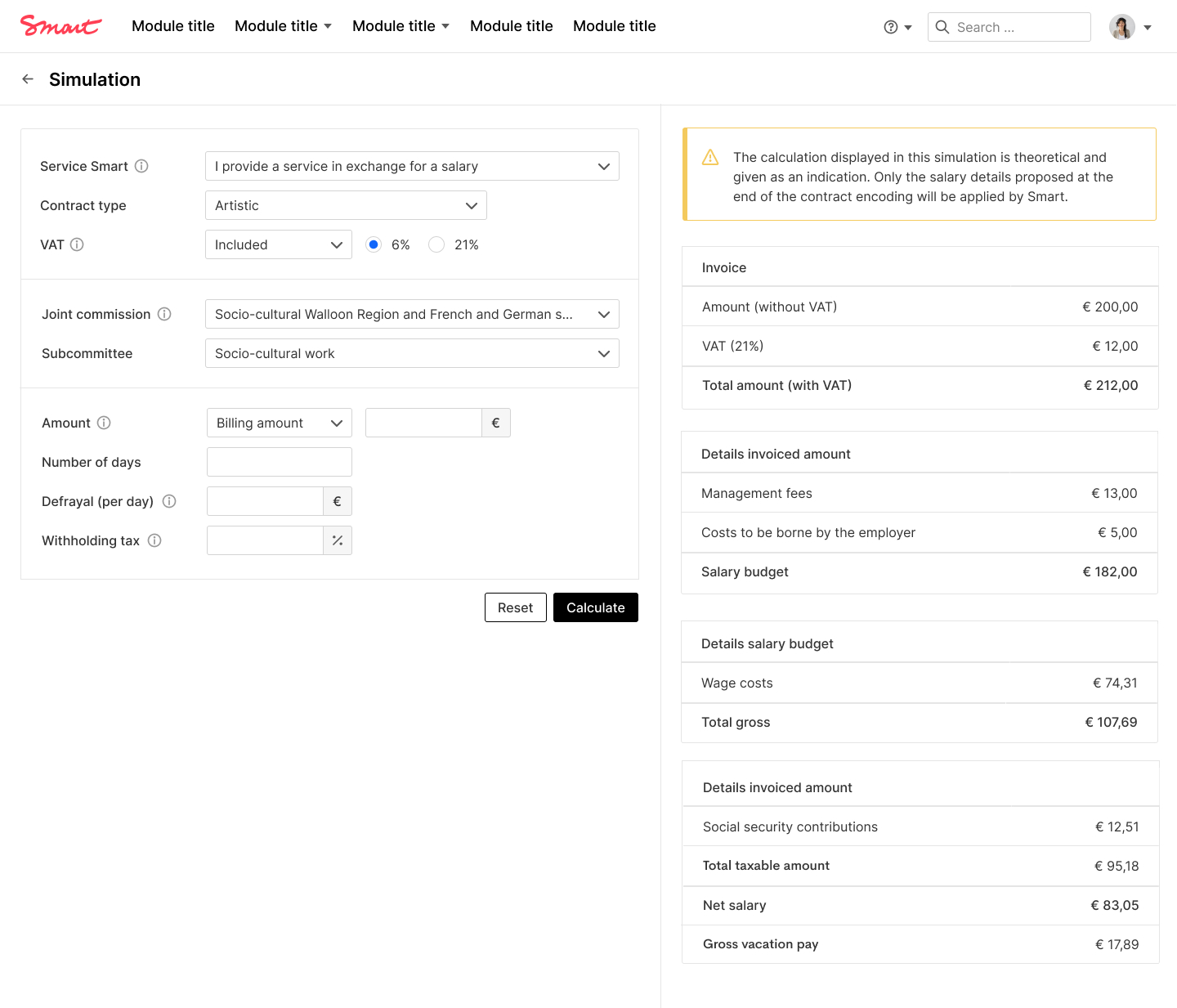 Screenshot of an application layout showing a compensation simulation screen.